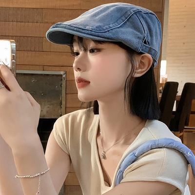 Retro Washed Denim Forward Hat Women's Korean Version Big Head Circumference Showing Face Small Beret British Style Literary and Art Newspaper 