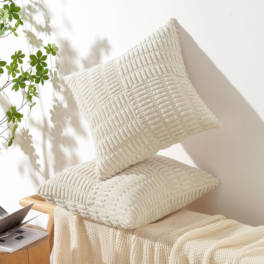Brown Throw Pillow Covers 18x18 Inch Soft Corduroy Pillow Cover Boho Textured Striped Patchwork Cushion Case for Couch Sofa
