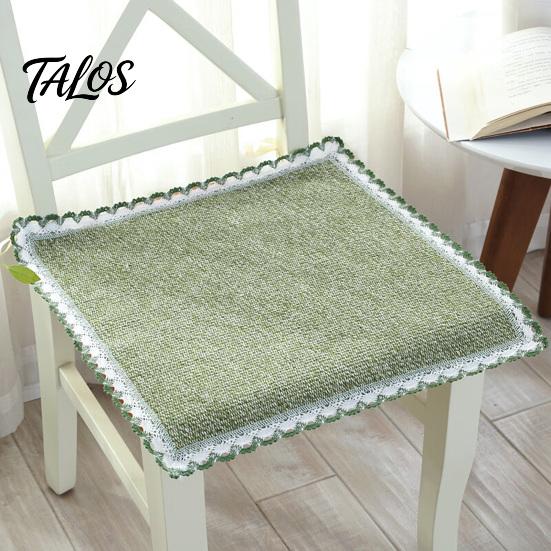 Tapis de Chaise Bordure Dentelle Rétro Coton Lin avec Liens, Style Bohème à Rayures et Carreaux Garniture de Siège de Salle à Manger, Respirant pour Tapis de Bureau d'Ordinateur