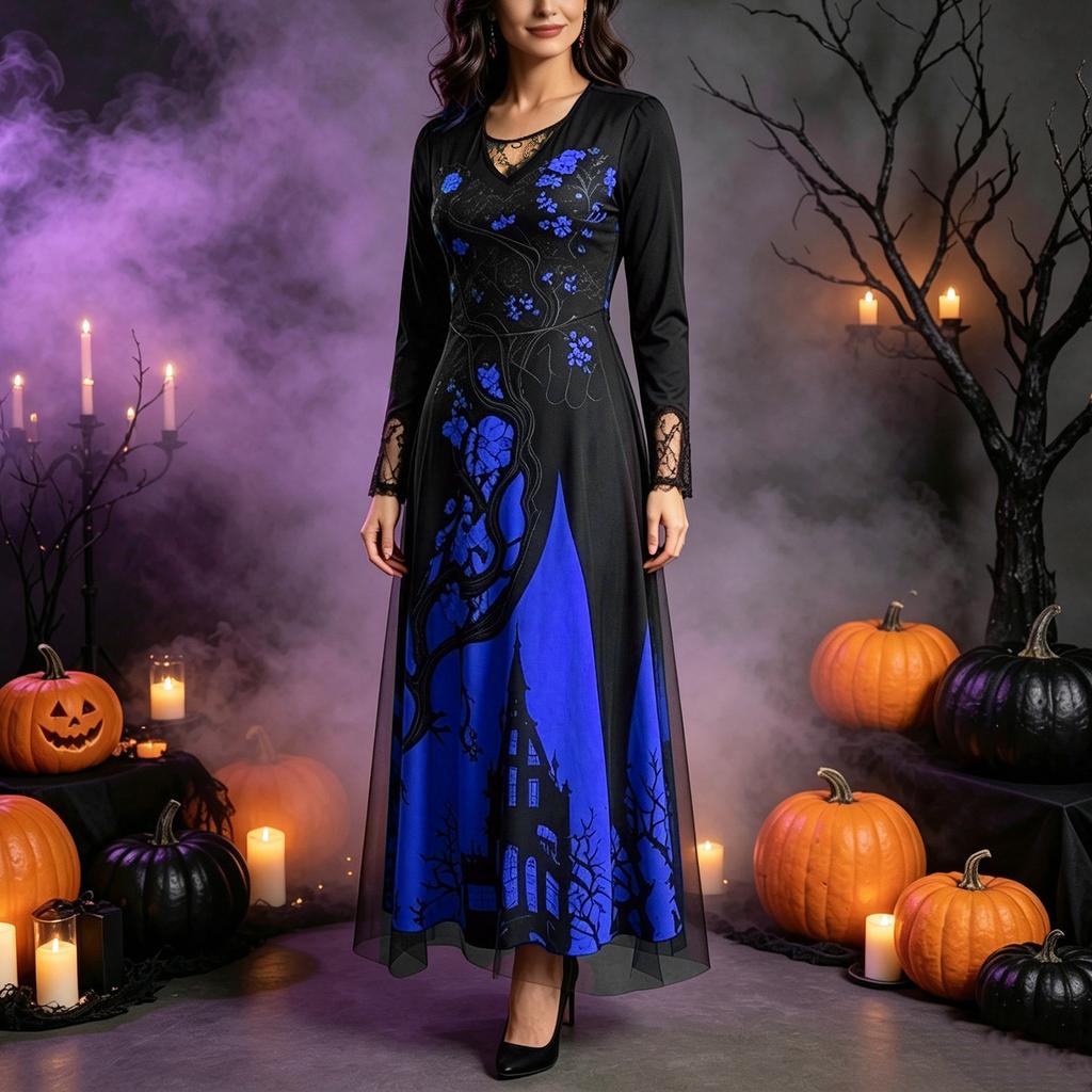 Women's Halloween Costume Lace Chiffon Long Dress with Thorn and Design