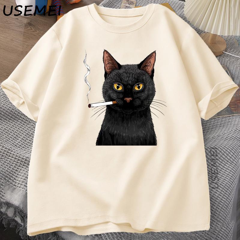 Smoking Cat TShirt Unisex Funny Y2K Vintage Trendy Streetwear Graphic T Shirt Edgy Cat Lover Tshirt Round Neck Short Sleeved Tee