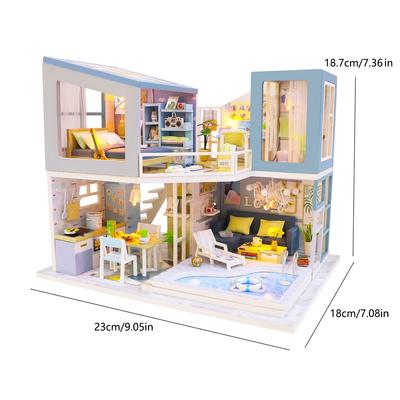 Bērnu mājas komplekts Mini DIY roku darba 3D puzlis montāža Celtniecības villa modelis Rotaļlietas, Mājas dekorēšana ar mēbelēm Koka P544