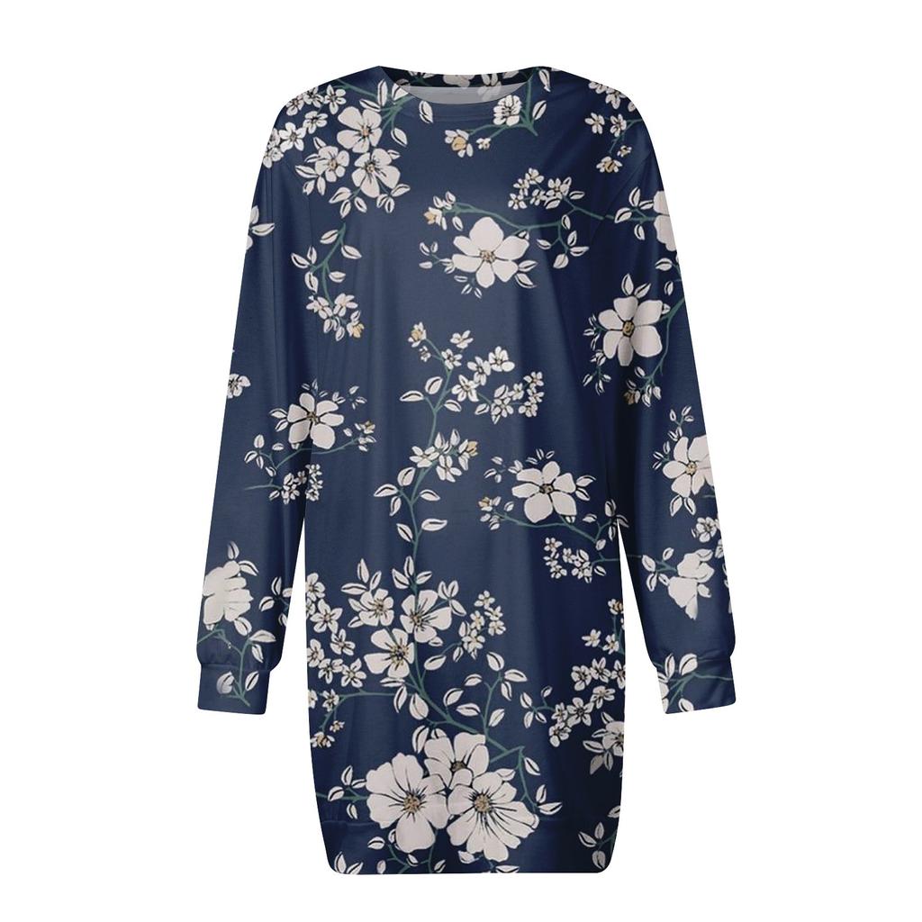 Women's Round Neck Retro Floral Long Sleeved Buttocks Wrapped Bathroom Dress
