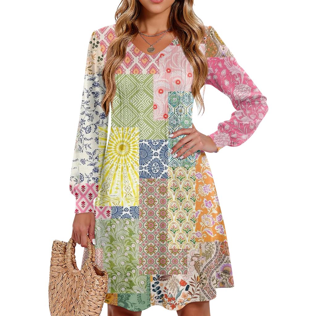 Ladies' Printed Casual And Fashionable V-neck Long Sleeved Mid Length Dress