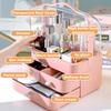 Large Capacity White/Pink Cosmetic Organizer with Transparent Drawers, Elegant Plastic Jewelry Storage Box for Desktop Vanity