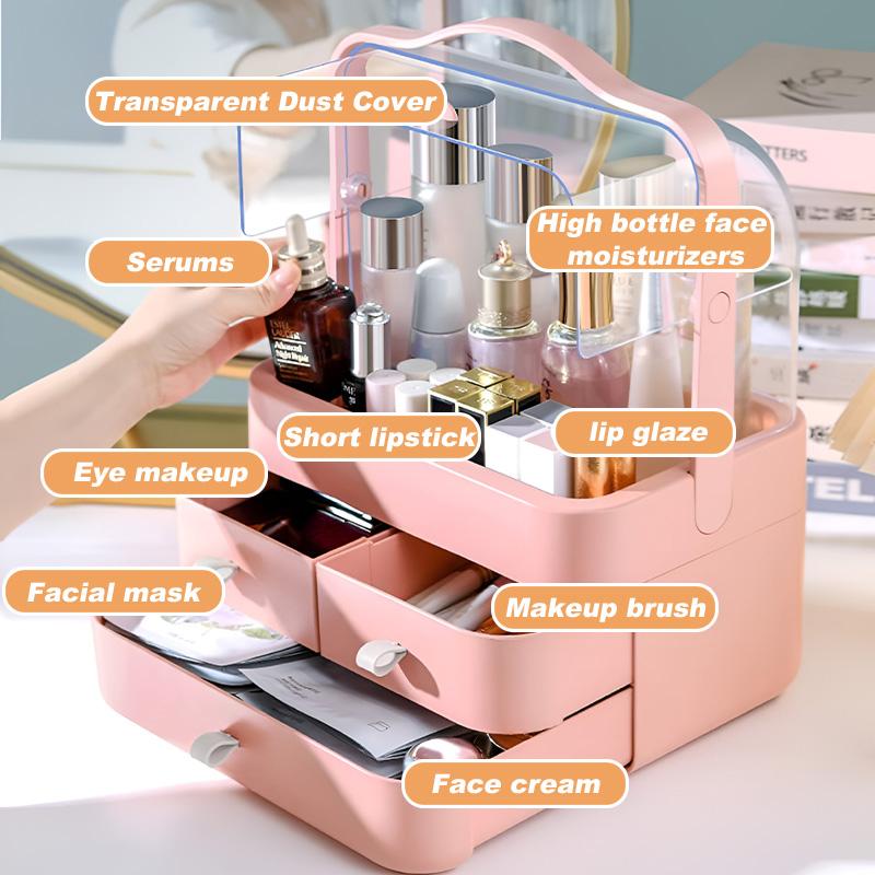 Large Capacity White/Pink Cosmetic Organizer with Transparent Drawers, Elegant Plastic Jewelry Storage Box for Desktop Vanity