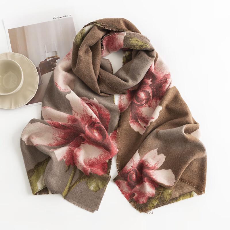 Women's Japanese Style Autumn Winter Hibiscus Print Faux Cashmere Shawl Scarf