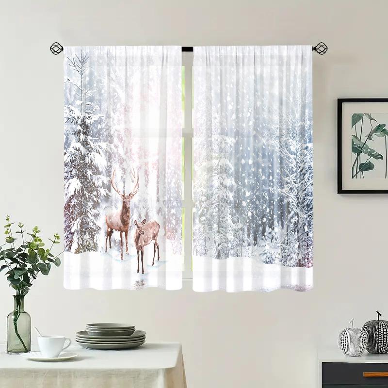 2 Pieces, Reindeer Curtains In Winter Forest Snow -30% Blackout - Suitable for Living Room, Bedroom, Kitchen, Home Decoration