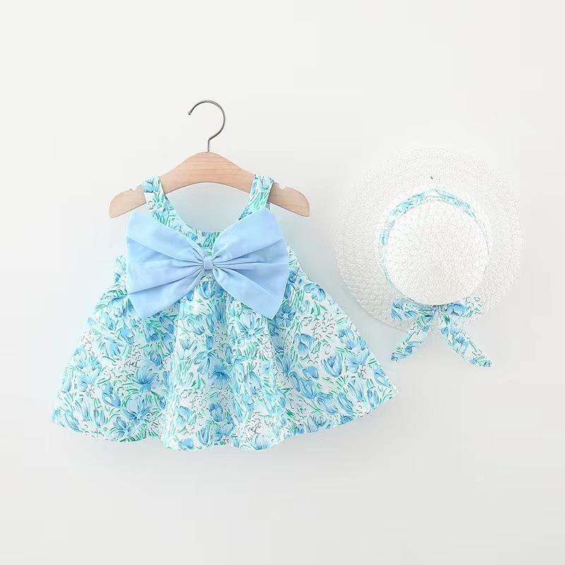 A749 Summer Baby Girl Princess Dress with Big Bow & Flower Skirt, Includes Hat, for Ages 1-4
