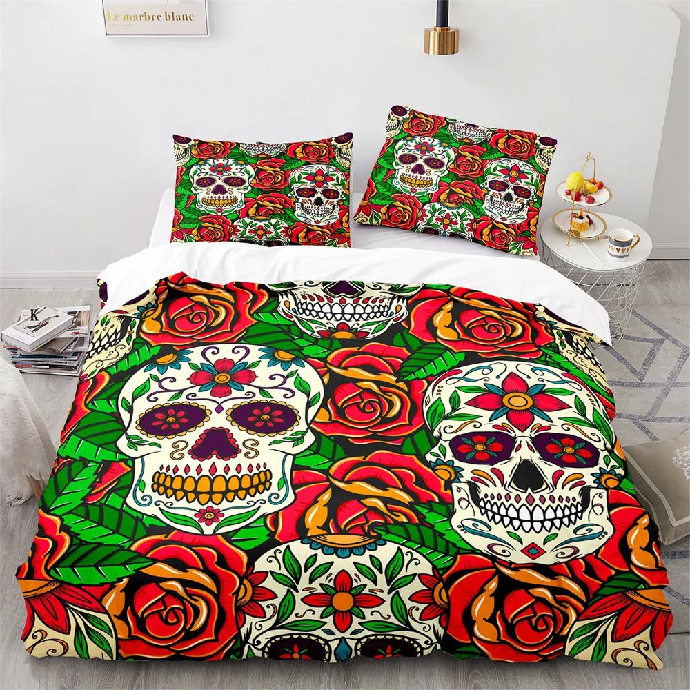 Sugar Skull King Queen Duvet Cover Gothic Skeleton Bones Floral Bedding Set Day Of The Dead Theme 2/3Pcs Polyester Quilt Cover
