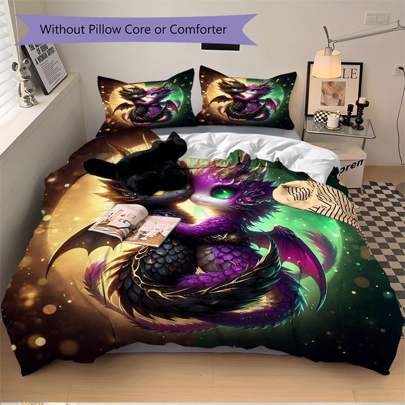 3pcs Two Dragons in Love Printed Bedding Set, Soft and Comfortable Quilt Cover for Bedroom, Guest Room (1 Duvet Cover + 2 Pillowcases, Pillo