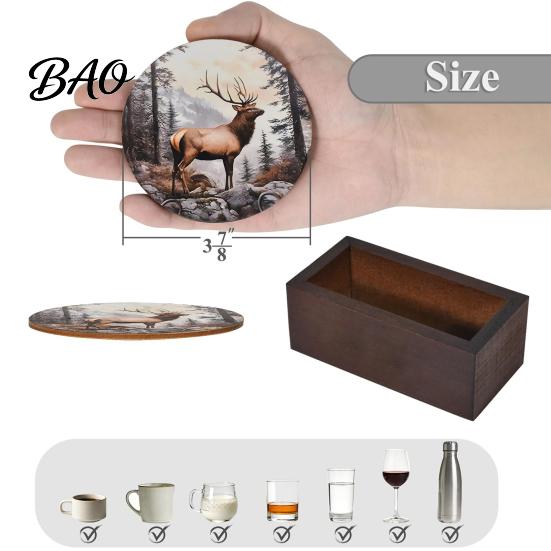 Non-slip Solid Wood Cup Mats Retro Elk/Vinyl Record Coasters, Decorative Wooden Mats, Insulated Table Natural Decor for Home Office Mat, Non
