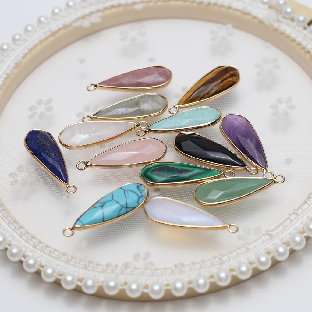 3Pcs, Faceted Natural Stone Crystal Lapis Lazuli Amethyst Gemstone Pendant, Boho Handmade Long Water Drop Charms for Jewelry Making DIY Crafts 13×35mm
