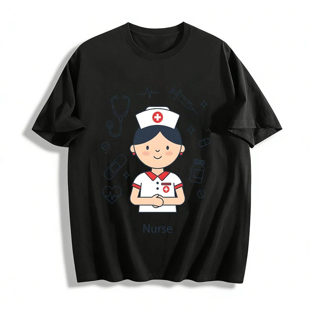 Nurse Themed Printed Casual T-Shirt Medical Element Daily Wear Top Pure cotton T-shirt