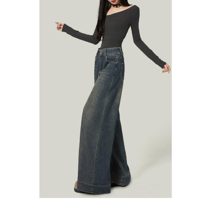 Jeans Reto Desgastado Retro Plus Size Feminino Calças Novas Femininas Design de Cintura Alta Calças de Perna Larga