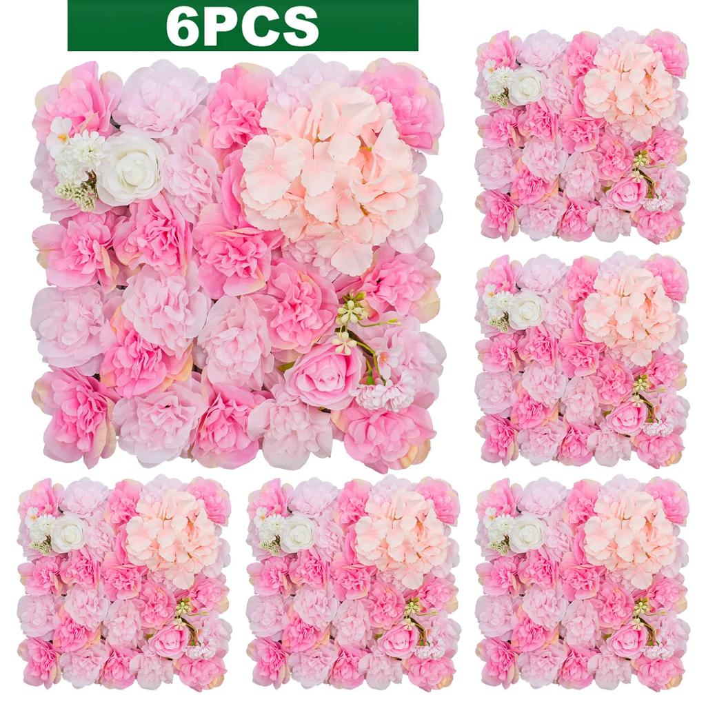 6Pcs Artificial Flowers Wall Panels Decorative Silk Rose Flower Hydrangea Floral Panels for Background Home Wedding Party Décor