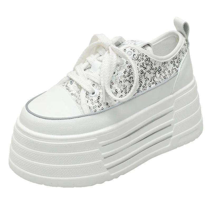 Fashion Bling Leather Flats Casual Dad Shoes Chunky Sneakers Women Platform Sports Shoes Ladies Skateboard Hidden Heels Shoes Tennis