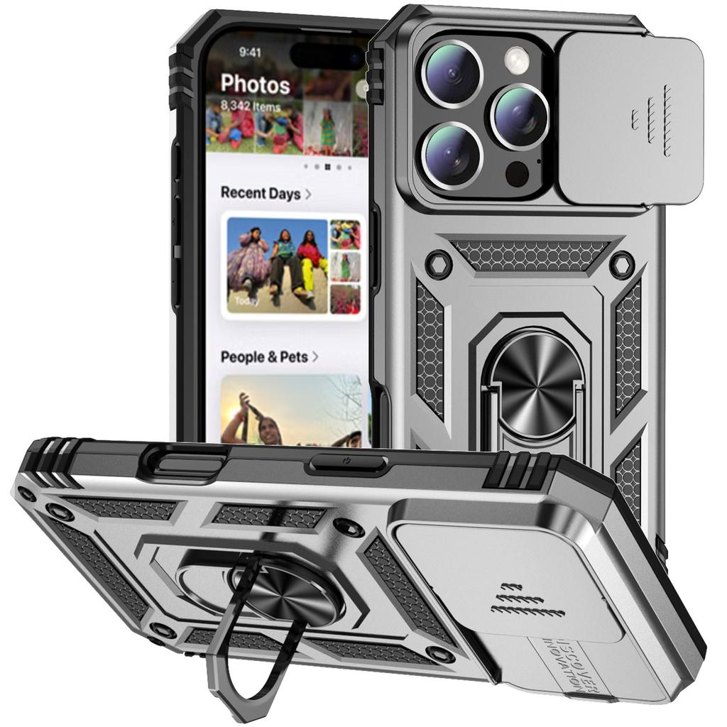 Ring Stand Rotating Slide Camera Lens Military Grade Armor Case for iPhone 16 14 13 12 11 15 Pro Max 16 Plus 13Mini 12Mini Cover