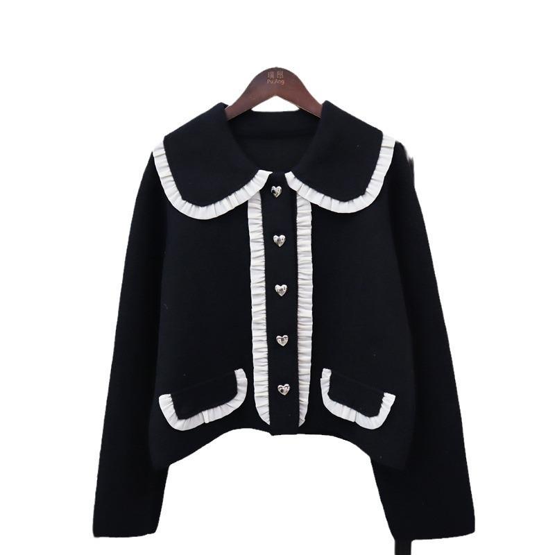 Autumn and winter new contrasting color doll collar knitted double-sided cardigan loose short temperament sweater jacket women