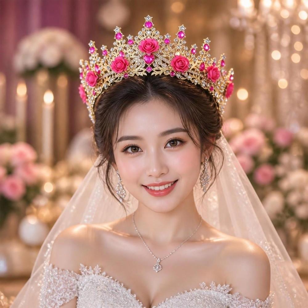 Metal Princess Floral Tiara Rose Flower Shiny Rhinestone Crown Luxury Baroque Crown Prom