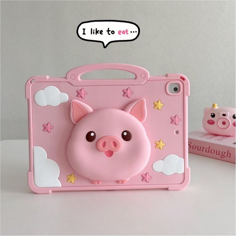 3D Cartoon Cute Pink Pig Silicone Tablet Case With Handle For iPad 12th 11 10 9 8 Ipad Pro Air M4 M3 M2 11inch A16 A19 2018-2026 M4 Kids Cover Stand