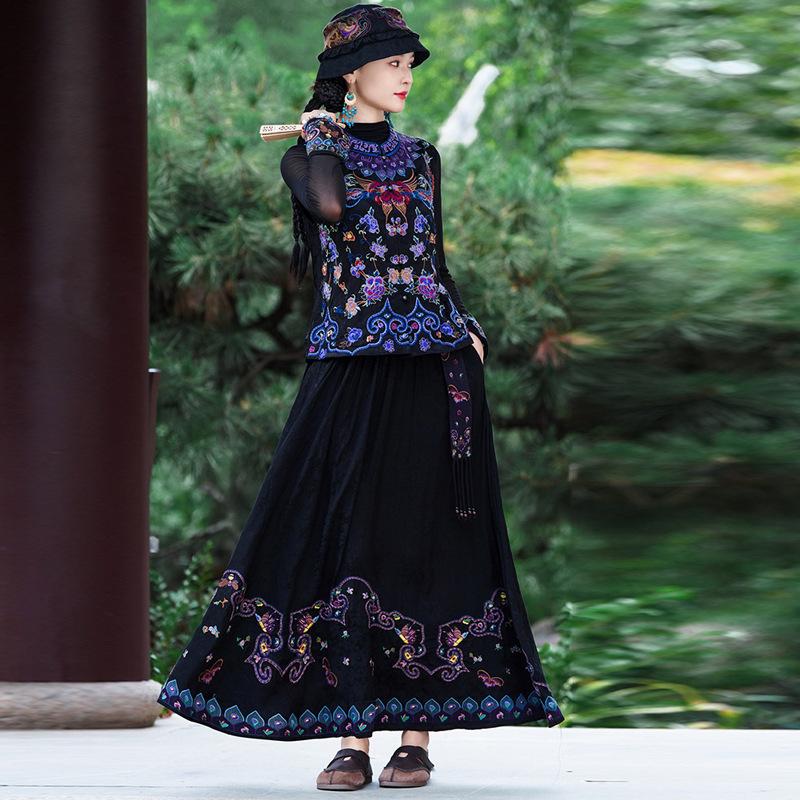 

Китайская ретро вышитая миди-юбка А-силуэта с кисточками One Size чёрный