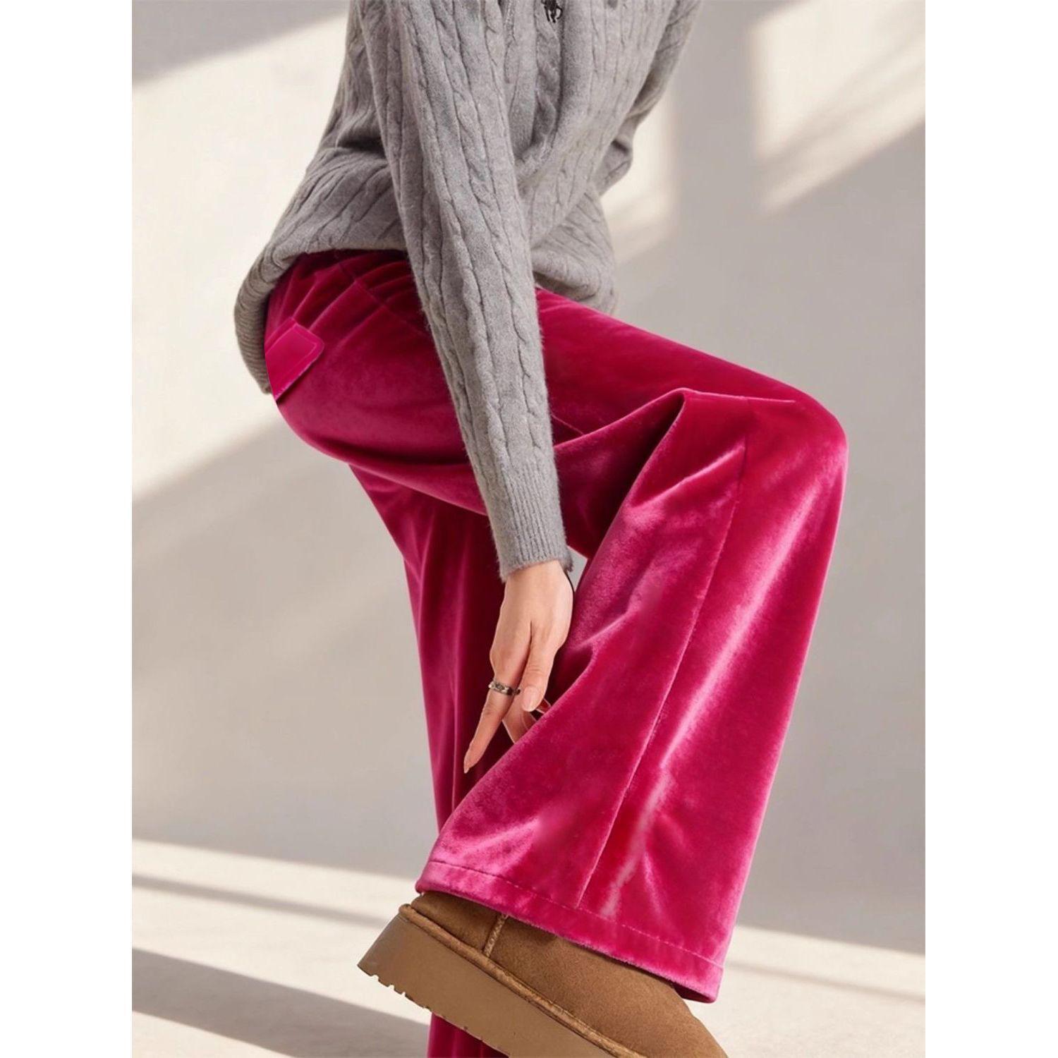 

2026 Autumn/Winter Rose Red High Waist Slim Fit Wide Leg Gold Velvet Pants XL