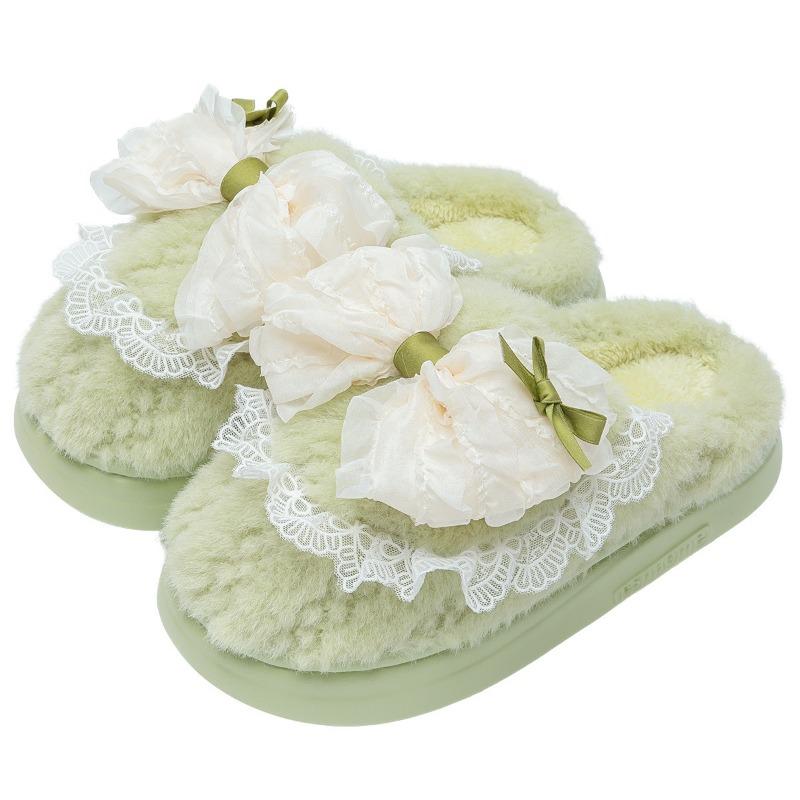 Thick-bottomed Cotton Slippers Women's Autumn and Winter Outdoor Wear Indoor Home Cute Girl Heart Bow Plush Slippers Women's Winter