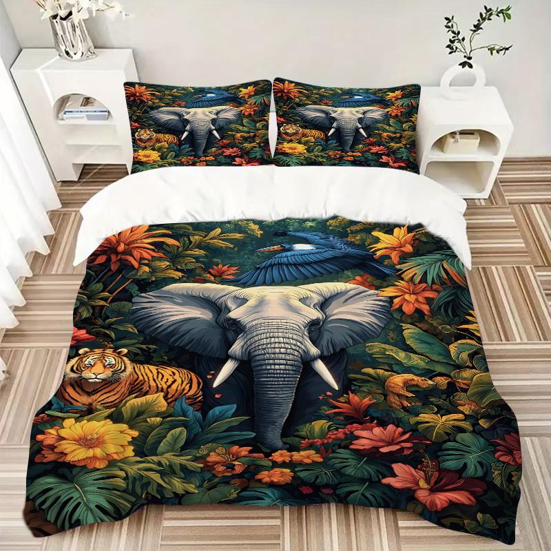3-teiliges Dschungel-Safari-Print-Bettwäscheset, 1 Bettbezug + 2 Kissenbezüge (Kein Einsatz), Hochauflösender Druck, Zuhause & Wohnheim yy251123032