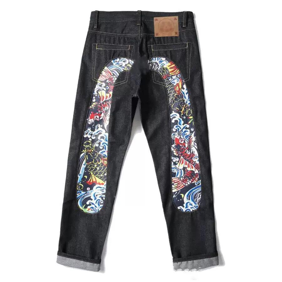 New Japanese Hipster Retro Hip-hop Fashion Print Jeans High Street Leisure Slim Straight Embroidery Y2k Print Stitching Trousers