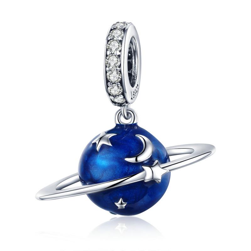 WOSTU Real 925 Silver Blue Series Moon Plane Space Beads Astronaut Charm Owl Pendant Fit Original Bracelet DIY Necklace