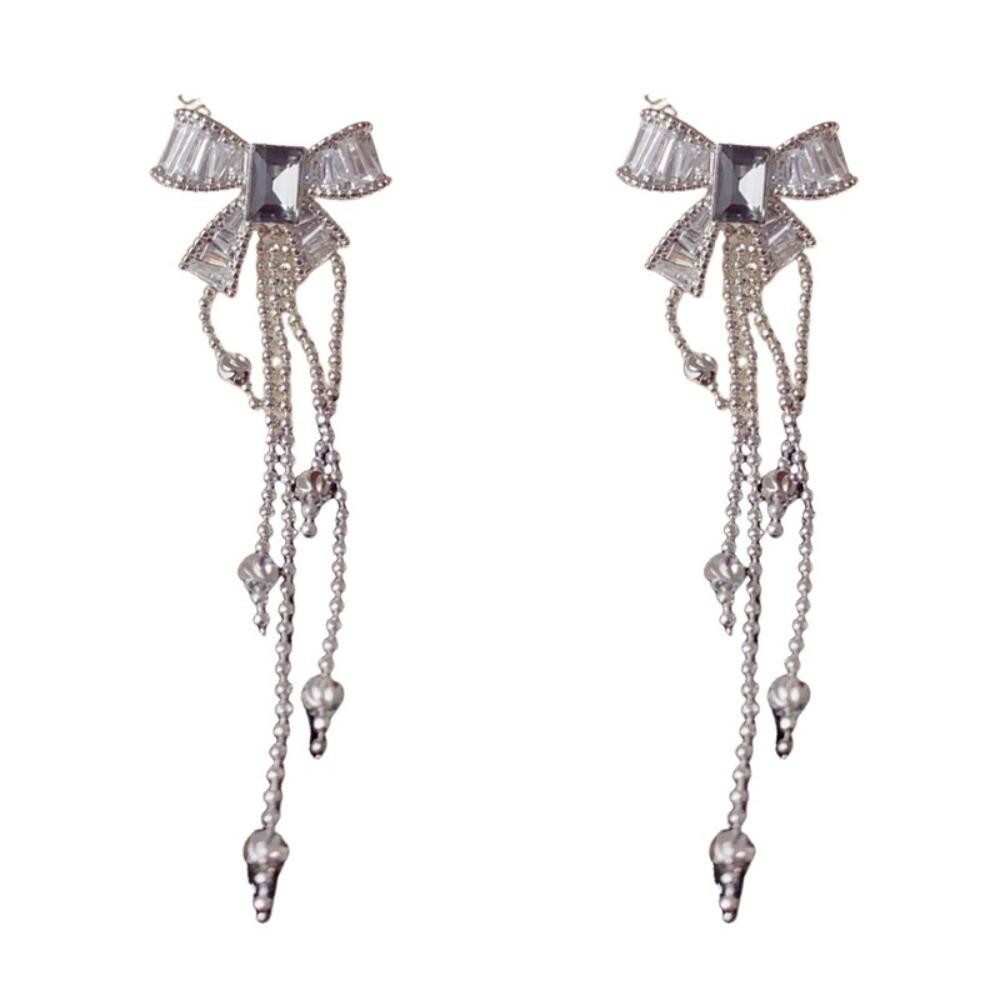 Fashion Long Tassel Butterfly Earrings Shiny Crystal Sweet Bowknot Tassel Earrings Zircon Drop Earrings Women Jewelry серебряный
