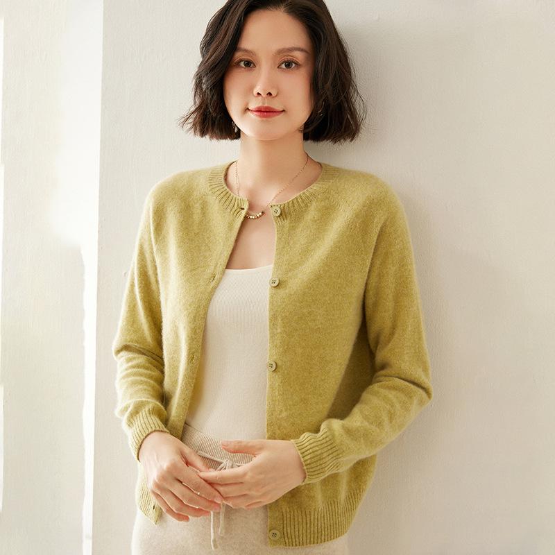 

Женский кашемировый кардиган с круглым вырезом - Осенне-зимний вязаный свитер прилегающего силуэта, однотонный, универсальная верхняя одежда 2XL: 130-145 jin