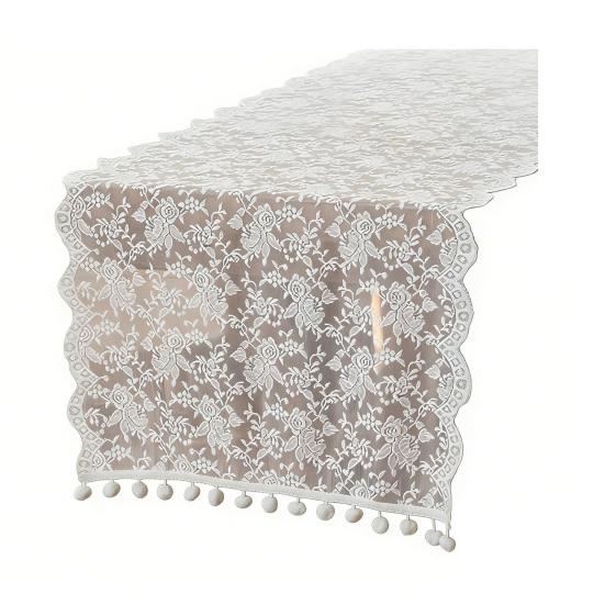 French Lace Table Runner Hollow Tassel Fringe Placemat Elegant Decorative Tablecloth Romantic Wedding Party Dining Table Dresser Buffet Decor