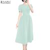ZANZEA Women Casual Round Neck Summer Short Sleeve Long Dress