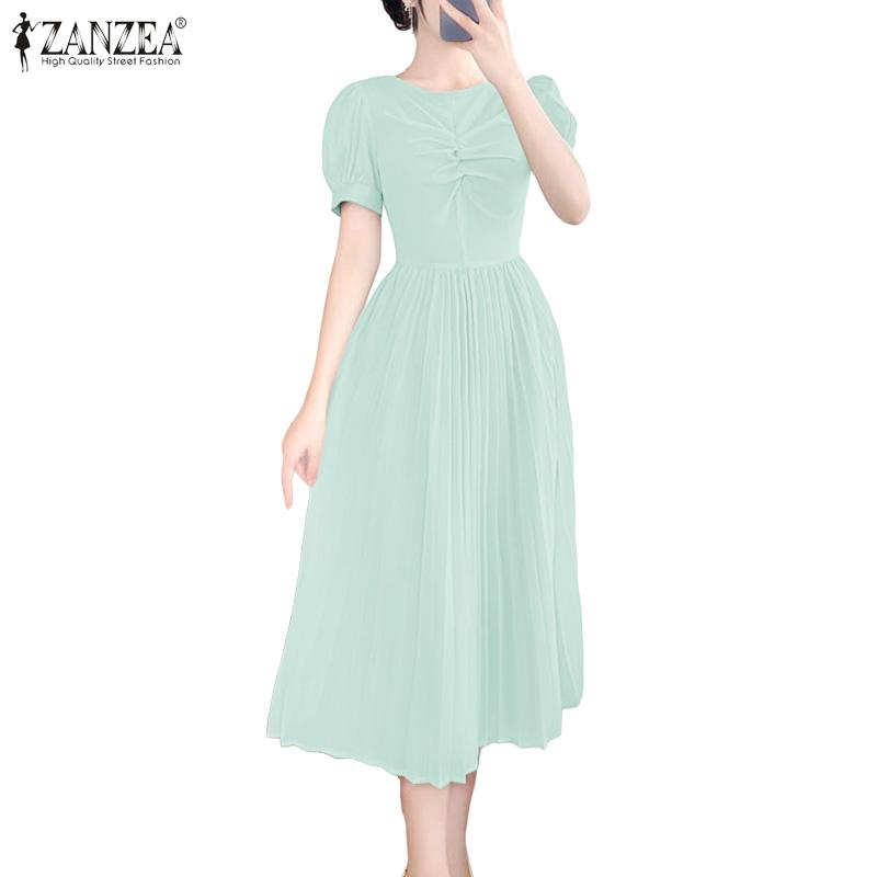 ZANZEA Women Casual Round Neck Summer Short Sleeve Long Dress
