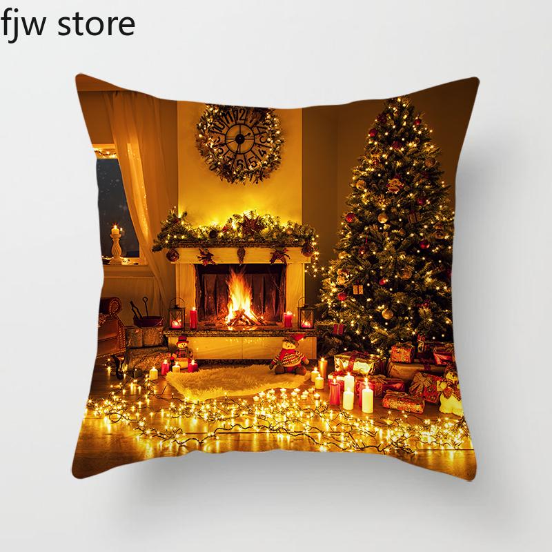 Christmas Decor Pillow Cover  Tree Gift Fireplace Print Throw   New Year Home  Sofa Cushion