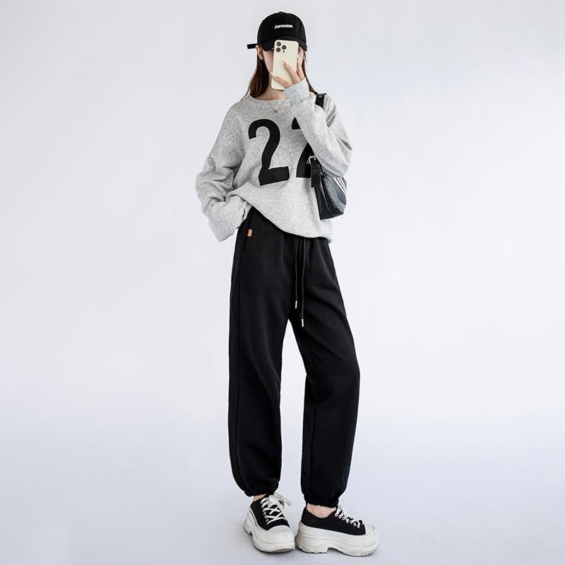 Gray sweatpants women's spring and autumn loose tied feet new sweatpants high waist straight lantern casual pants