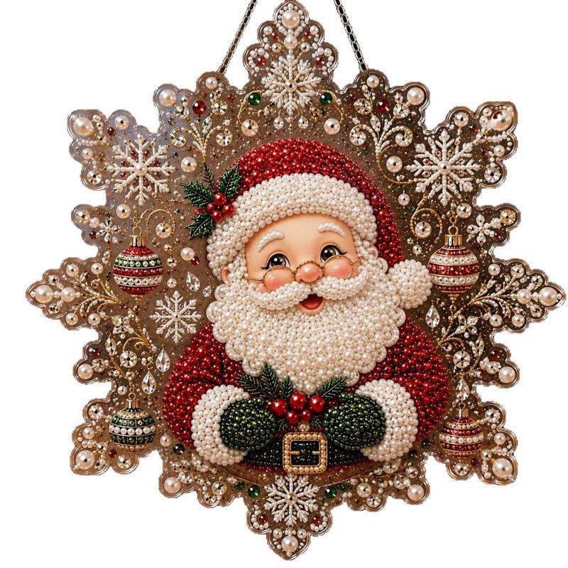 Christmas Pearl Diamond Painting Suncatcher Kit - 8 Inch Acrylic Snowflake Ornament with 3D Mixed-Size Beads Pre-Assembled Metal Chain for Holiday