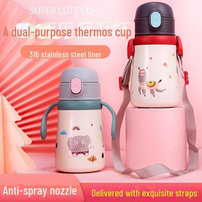 Children's Cartoon Stainless Steel Thermos with Straw, Handle, Strap, and Customizable Student Water Bottle