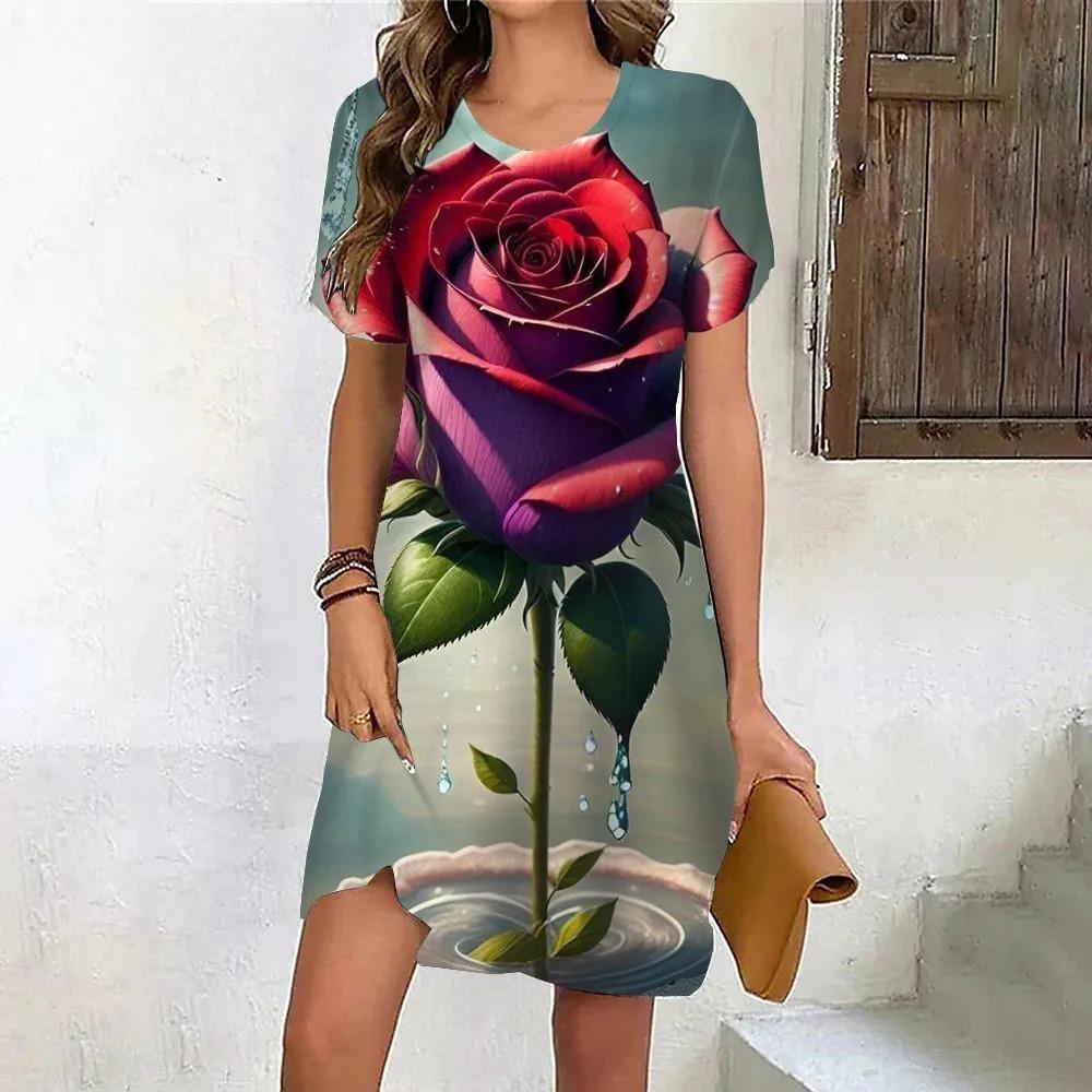 New Summer Beach Party Dresses For Women Vintage Tie Dye Red Rose Flower Print Dress Short Sleeve Pullover Loose Plus Size Dress
