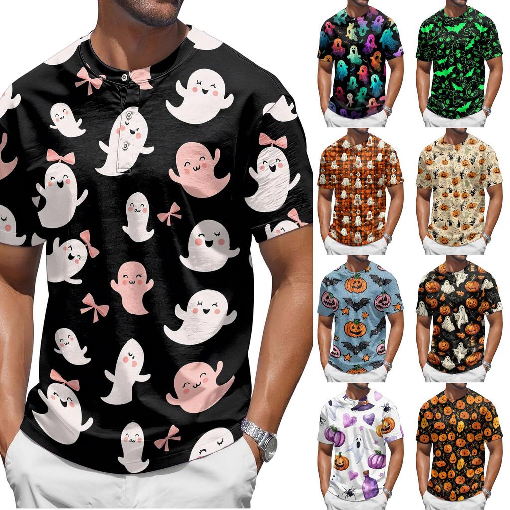 Men's Halloween Printed Crew Neck Short Sleeve Shirt Casual Loose Fit Top with and Pumpkin Pattern for Holiday
