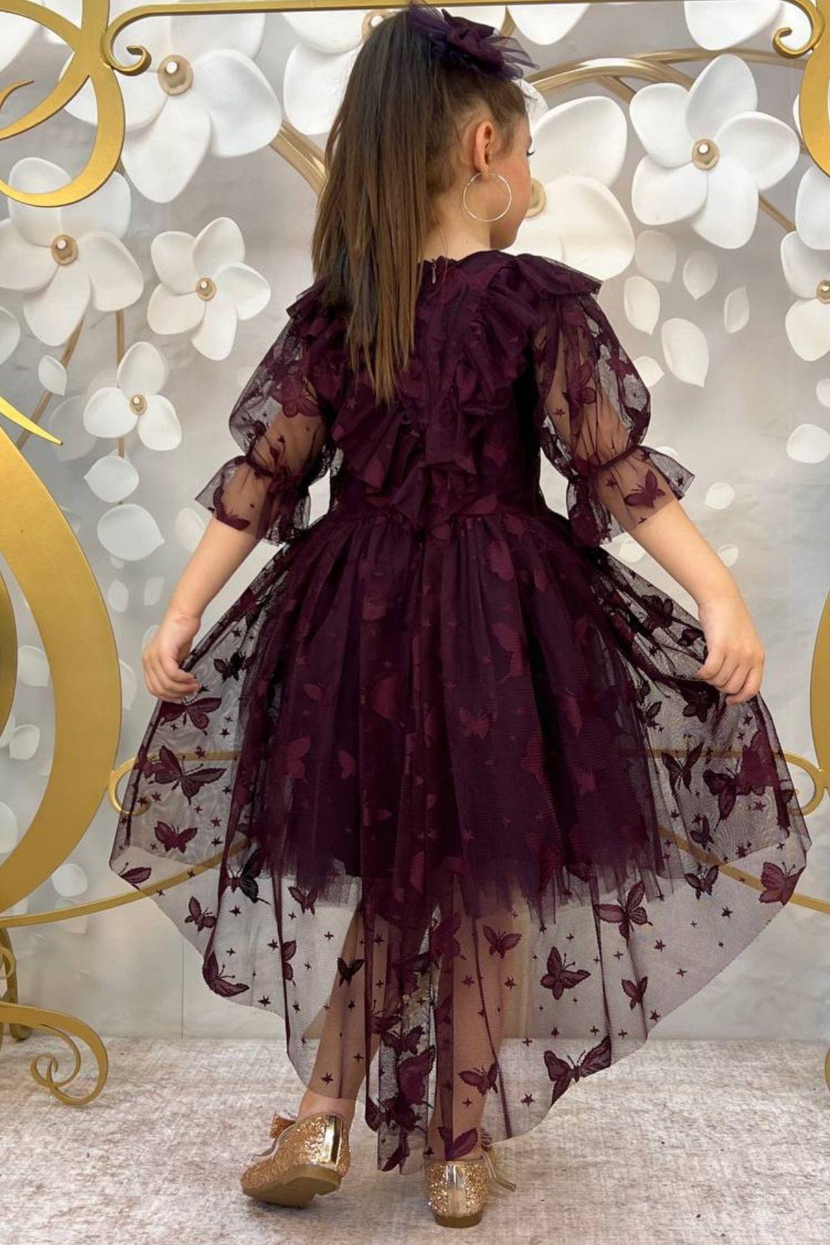 

Girl s Butterfly Patterned Transparent Detailed Plum Dress