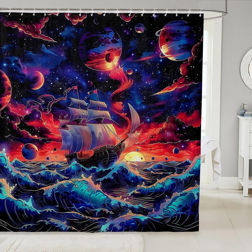 Japanese Style Shower Curtain Set,Red Sun And Crane Bathroom Decor For Kids Adults,Oriental Ukiyoe Bathroom Set Vintage
