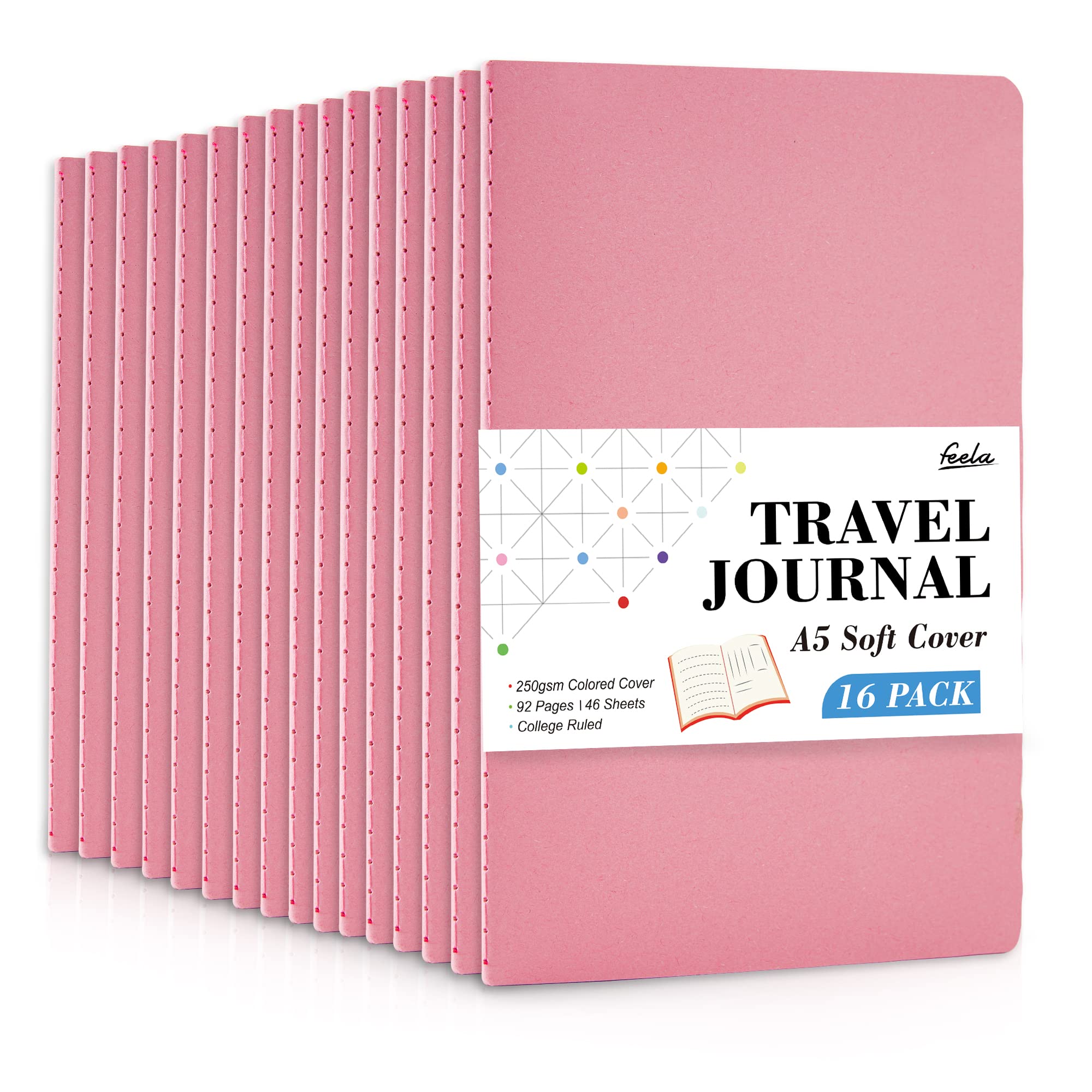 

Feela A5 Softcover Journal, 16-Pack, 46 Pages, Pink, Lined, Thread-Bound, Cute Travel Journal, Memo Pad, Student, Girl, School Supplies