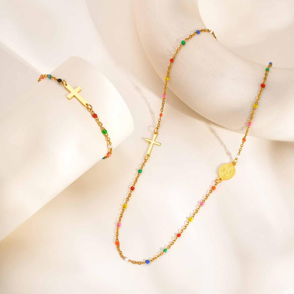 Sideway Cross Virgin Mary Choker Necklace for Women, Colorful Beaded Adjustable Chain, Baptism Jewelry  Non Tarnish