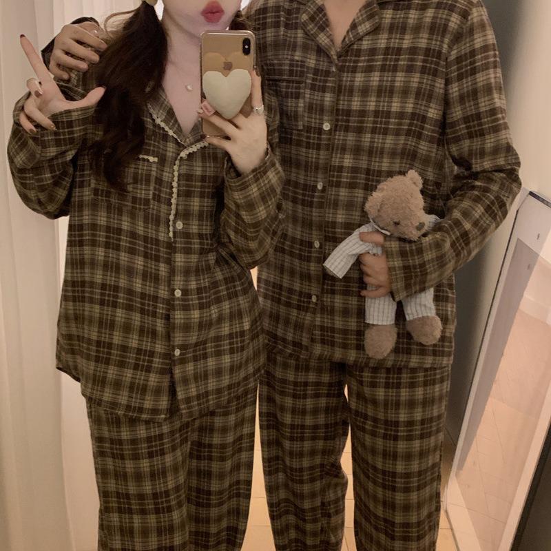 Japanese & Korean Style Couple's Plaid Lace Long-Sleeve Pajama Set