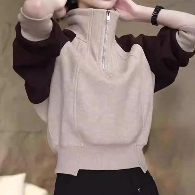 Half Zip Stand Up Collar Splicing Pullover Hoodie for Women's Autumn and Winter Fashion Short Top
