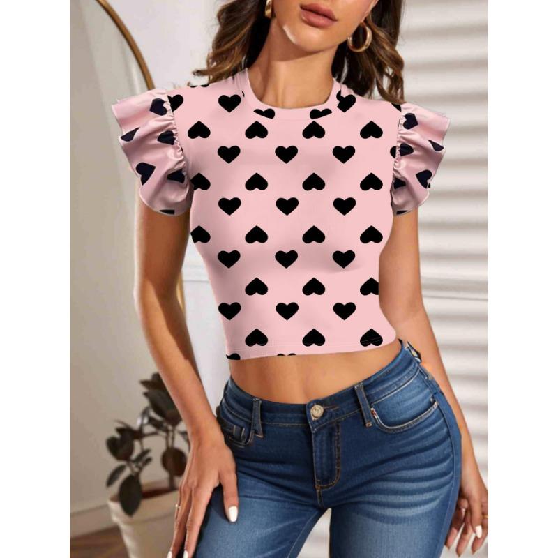 

YYFS Женские модные повседневные летние весенние блузки и рубашки с коротким рукавом и круглым вырезом с принтом «Любовное письмо» XXL розовый