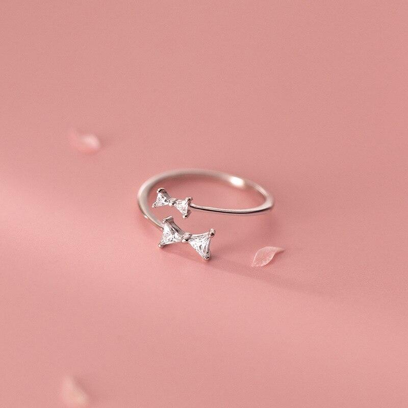 

Настоящее серебро 925 пробы, симпатичные открытые кольца с белым цирконием и бантом, изящное регулируемое кольцо, гипоаллергенные ювелирные изделия для женщин